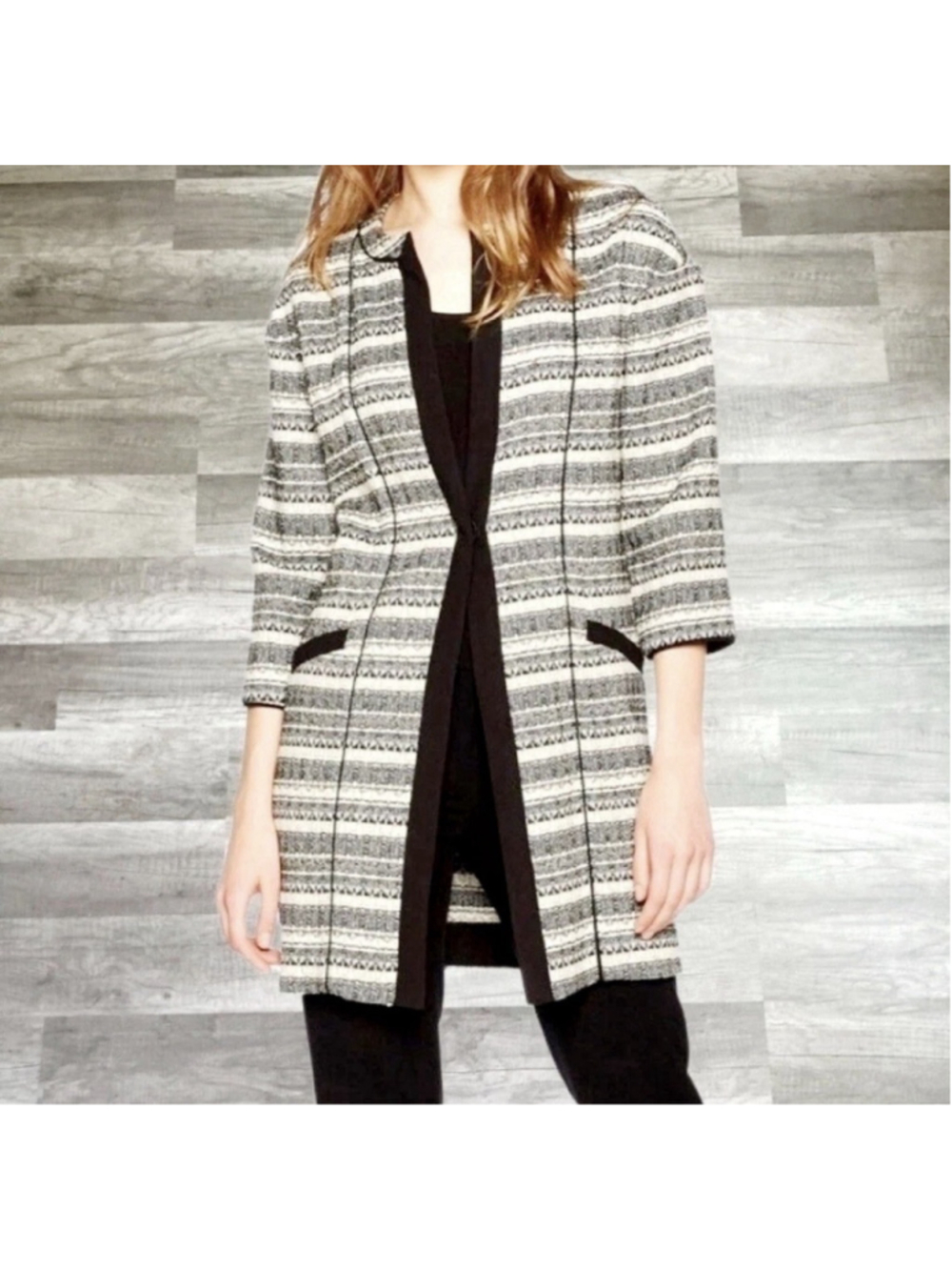 Anne Klein Black/Gray/White Striped Tweed Long Jacket, Black Trim, Size:M